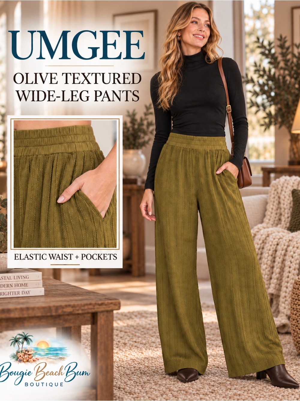 NWT Umgee Olive Textured Wide-Leg Pants
